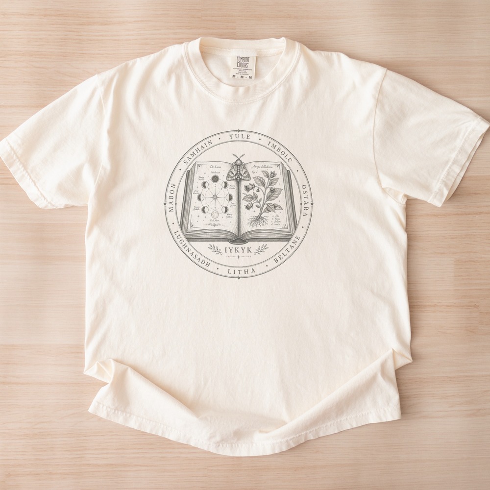 IYKYK Grimoire Badge with Moth and Sabbat Ring Tee